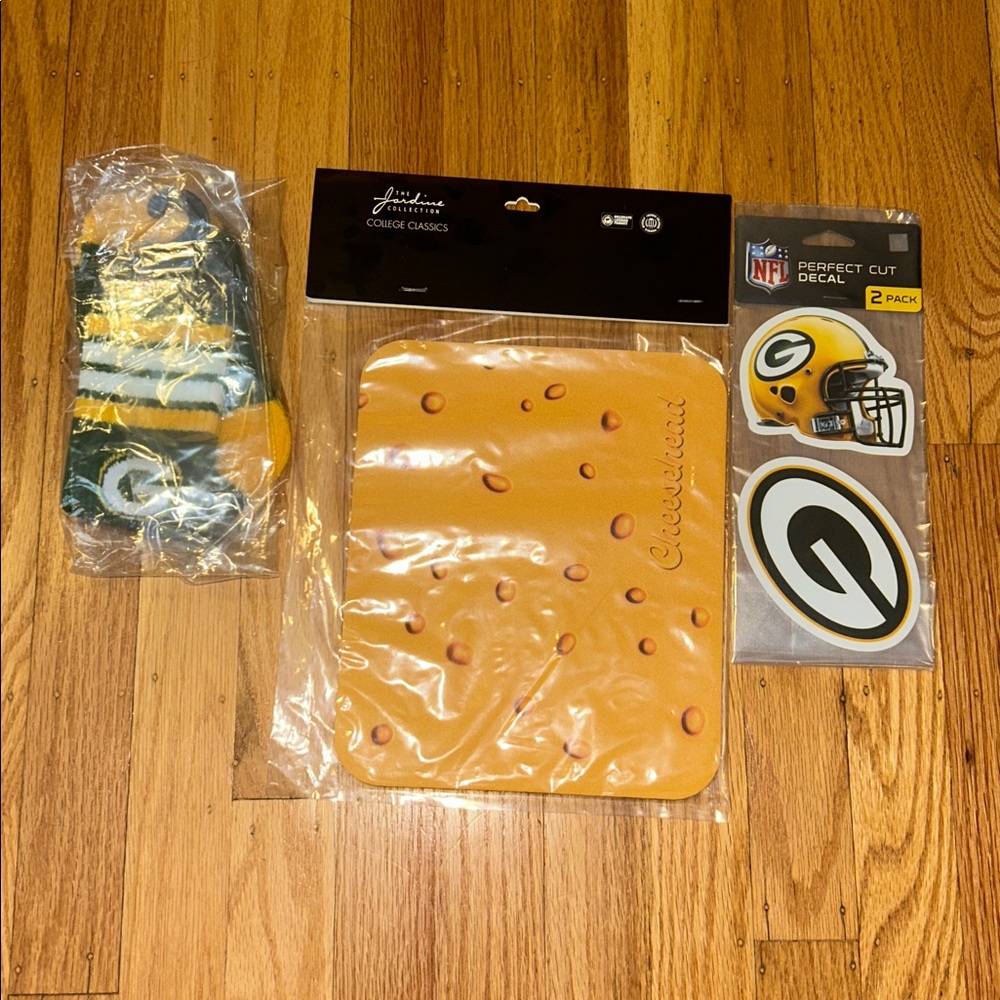 NFL Green Bay Packers bundle- 2pc stickers, cheesehead mousepad, and 2pc socks